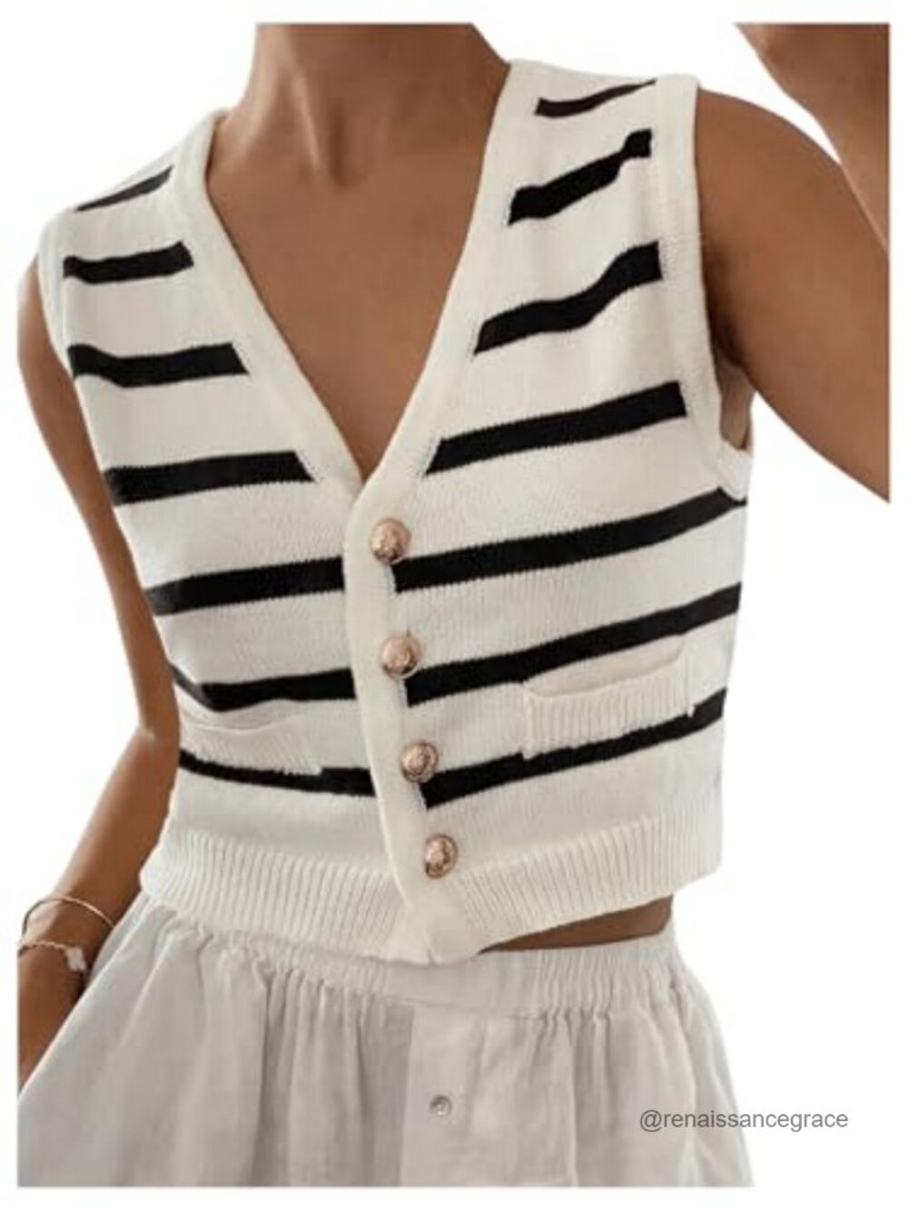 Women's Striped Cropped Button Up Knit Sweater Vest Sleeveless V-Neck
